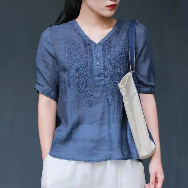 Women's Shirt With Vintage Embroidery Collar Blue Color - Shop at LoveMi