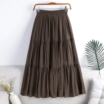 Cotton And Linen Skirt Color Fabric Splicing For Commuting Brown - Shop at LoveMi