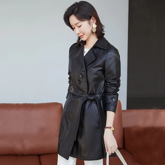 Women's Medium Long Lace Up Slim Leather Coat Black - Shop at LoveMi