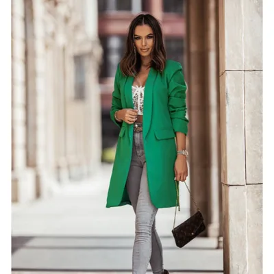 Women's Fashion Long Sleeved Suit Coat Windbreaker Green - Shop at LoveMi