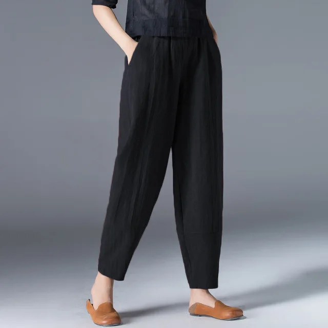 Vintage Art Nine Part Loose Thin Elastic Waist Wide Leg Pants Black - Shop at LoveMi
