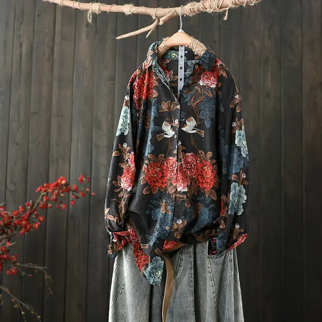 New Oversize Loose Artistic Vintage Floral Shirt Blue - Shop at LoveMi