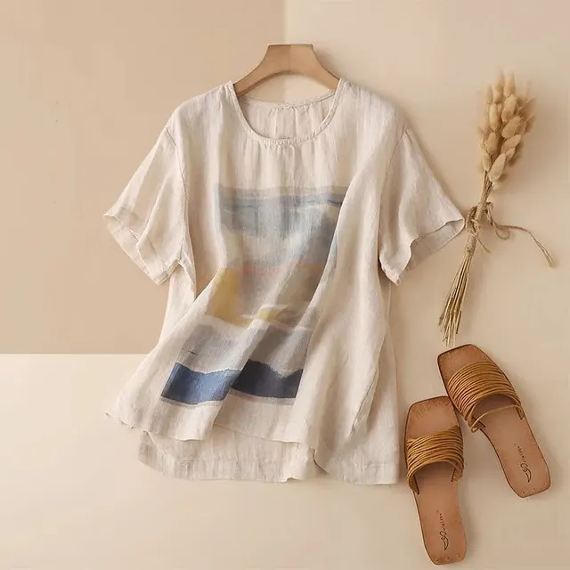 Cotton And Linen T shirt Women's Loose Large Print Short Sleeve Cotton And Linen Color - Shop at LoveMi