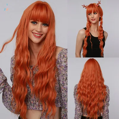 Eight character Bangs With Long Black Curls Orange26 Inches - Shop at LoveMi