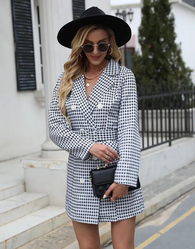 Women's Plaid Print Lapel Suit Dress Black And White Bird - Shop at LoveMi
