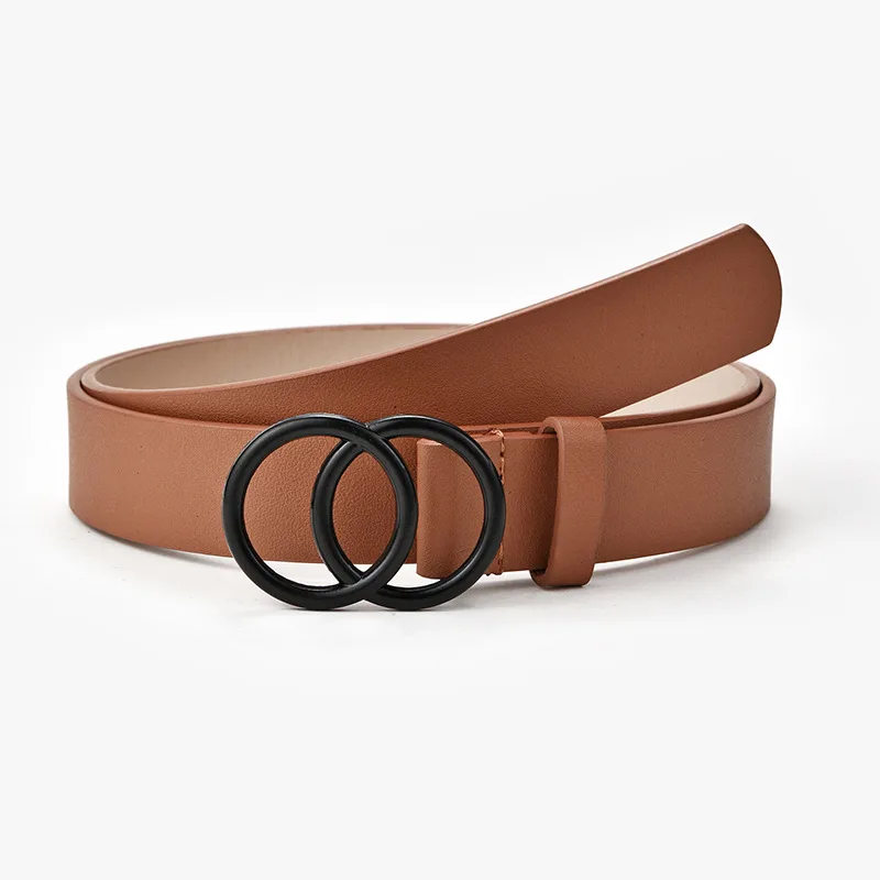 New Double Circle Black Buttons Women's Solid Color Fashion Decorative Belt Camel - Shop at LoveMi
