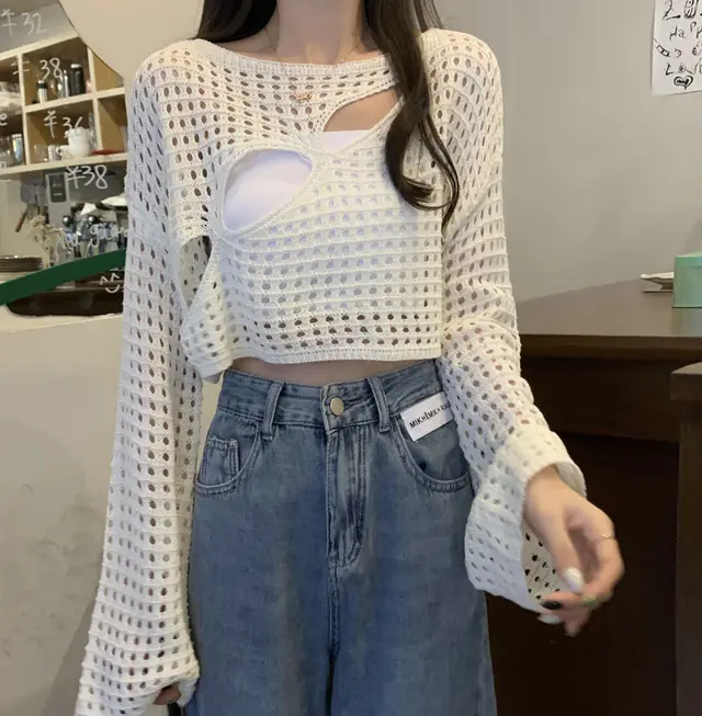 Hollow Out Sunscreen Blouse Women Thin Style Is Lazy White - Shop at LoveMi