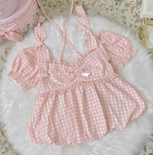 Original Design Of Sweet Plaid Summer Soft Girl Top Pink - Shop at LoveMi
