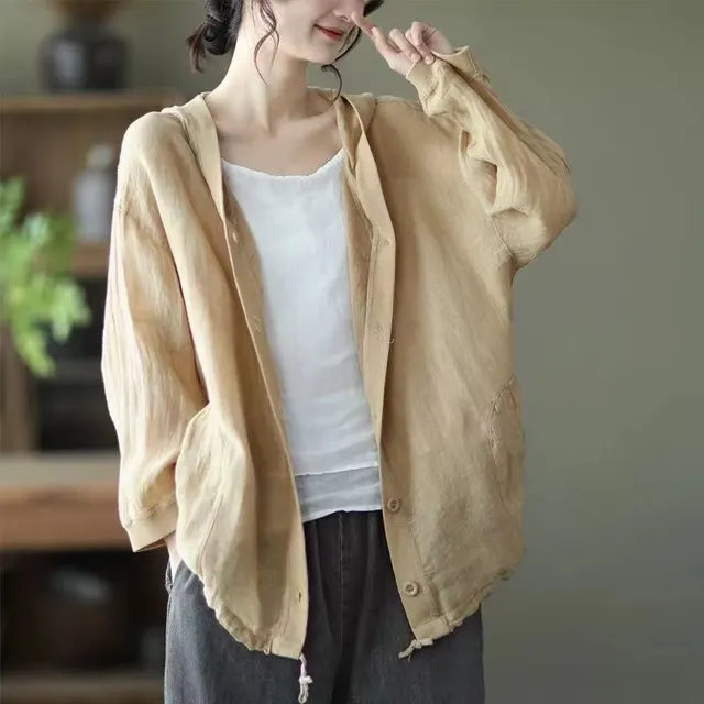 Literary And Art Cotton And Linen Hooded Coat Girl Apricot - Shop at LoveMi