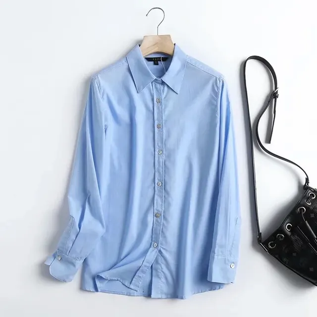 Solid Color Lapel Single Breasted Long Sleeve Casual Shirt Blue - Shop at LoveMi
