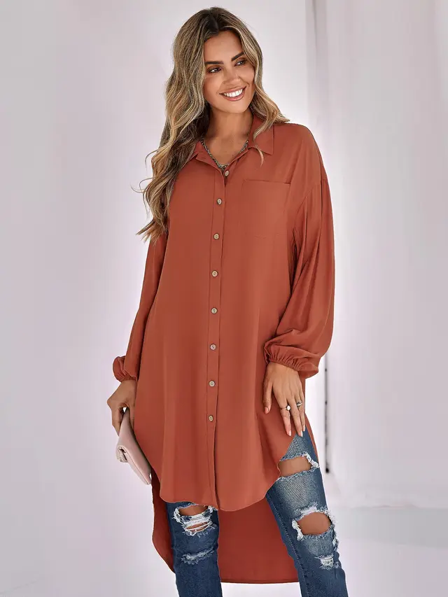 New Women's Casual Solid Color Loose Long Lapel Shirt Brick Red - Shop at LoveMi