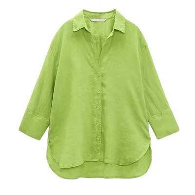 Western Style Loose Linen Shirt With Long Sleeves Green - Shop at LoveMi