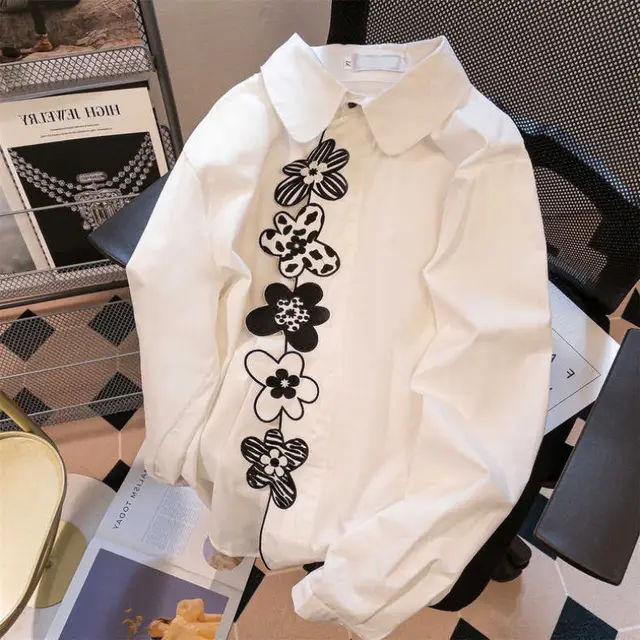 Japanese High Class Style Flower Embroidery Shirt Girl White - Shop at LoveMi
