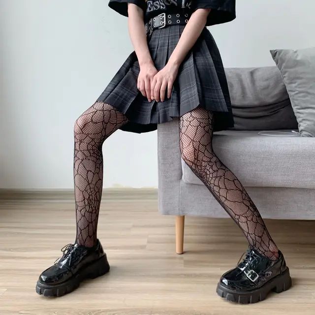 Spring And Autumn JK Letter Hollow Pantyhose Spider Pantyhose Black - Shop at LoveMi