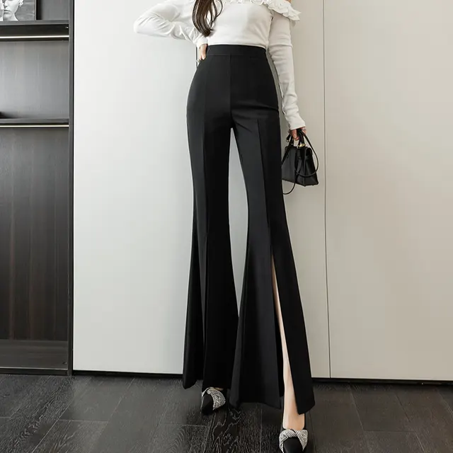 High waisted Slim Drooping Split Flared Pants Black - Shop at LoveMi