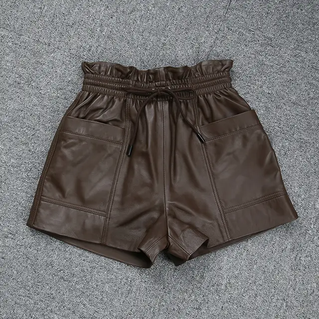 Drawstring Pocket Casual Leather Sheepskin Shorts Deep Coffee - Shop at LoveMi