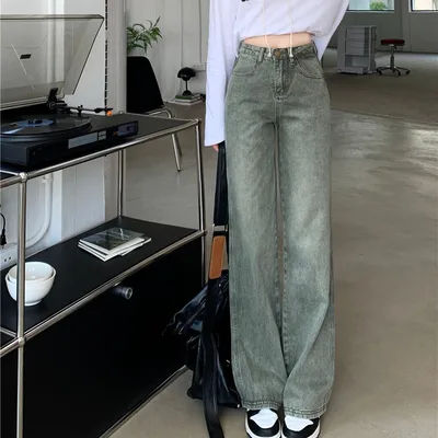 High waisted Loose Do it yourself Skinny Straight Jeans Retro Green - Shop at LoveMi