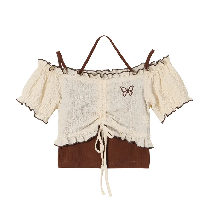 Nariele Retro Ruffle Sleeveless Short Small Shirt Two piece Set Apricot - Shop at LoveMi