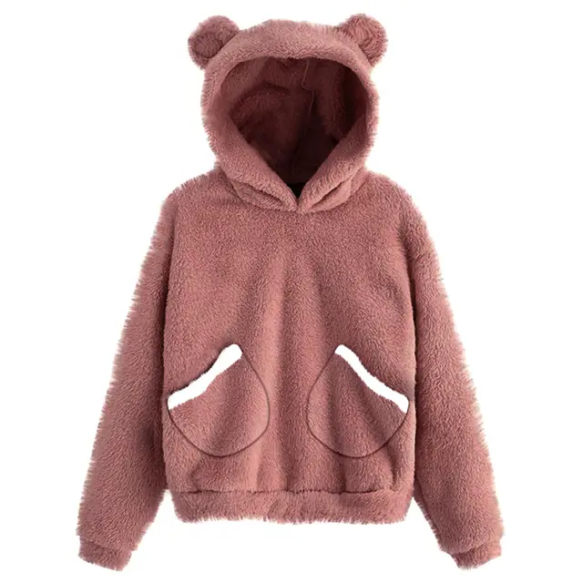 Pocket Plush Rabbit Ears Hooded Warm Sweater Women's Jacket Skin Pink - Shop at LoveMi