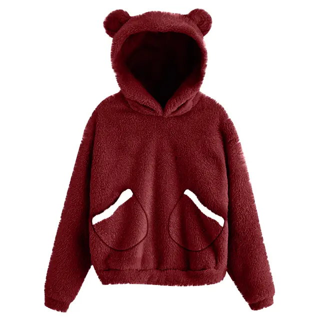 Pocket Plush Rabbit Ears Hooded Warm Sweater Women's Jacket Wine Red - Shop at LoveMi