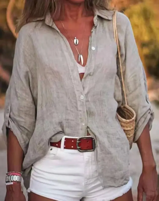 Cotton And Linen Solid Color Loose Type Sleeve Shirt Grey - Shop at LoveMi