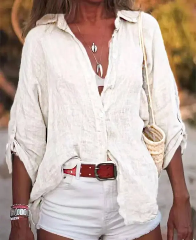 Cotton And Linen Solid Color Loose Type Sleeve Shirt White - Shop at LoveMi