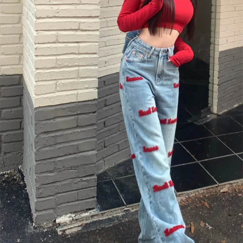 Alphabet Embroidery Casual Straight Jeans Image Color - Shop at LoveMi