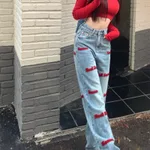 Alphabet Embroidery Casual Straight Jeans - Image Color