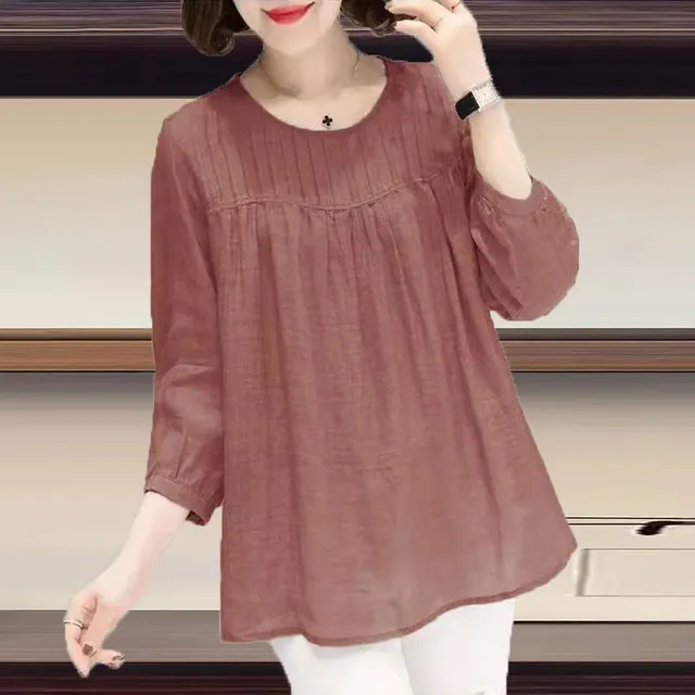 Cotton Round Collar Nine Quarter Sleeve Cotton Linen Shirt Women Peach - Shop at LoveMi