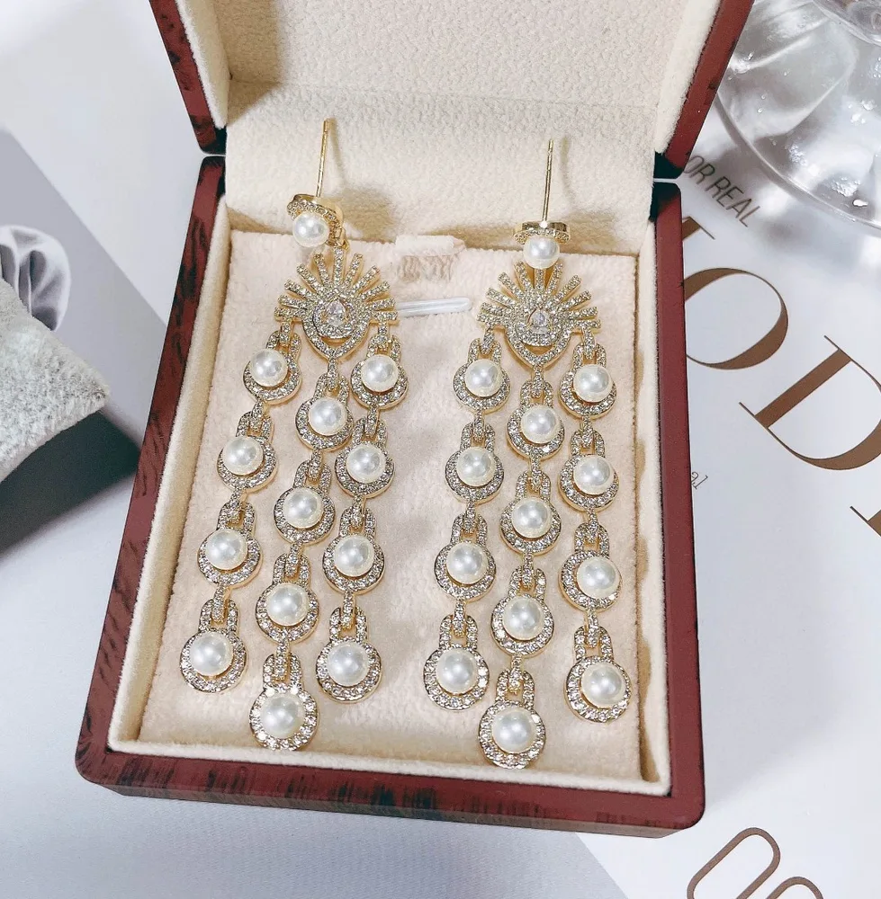 Micro Inlay Zircon Style Beaded Fringe Earrings - Gold