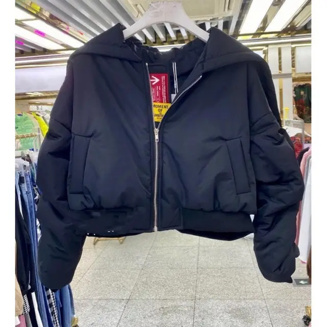 Wrinkle Zip Hooded Cotton Jacket For Warmth Black - Shop at LoveMi