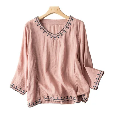 Seven part Sleeve Embroidered Cotton Linen Top Pink - Shop at LoveMi