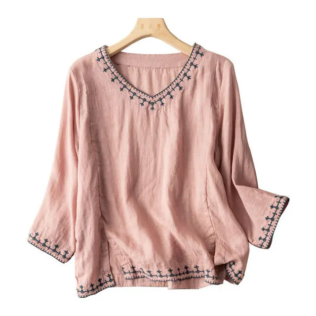 Seven part Sleeve Embroidered Cotton Linen Top Pink - Shop at LoveMi