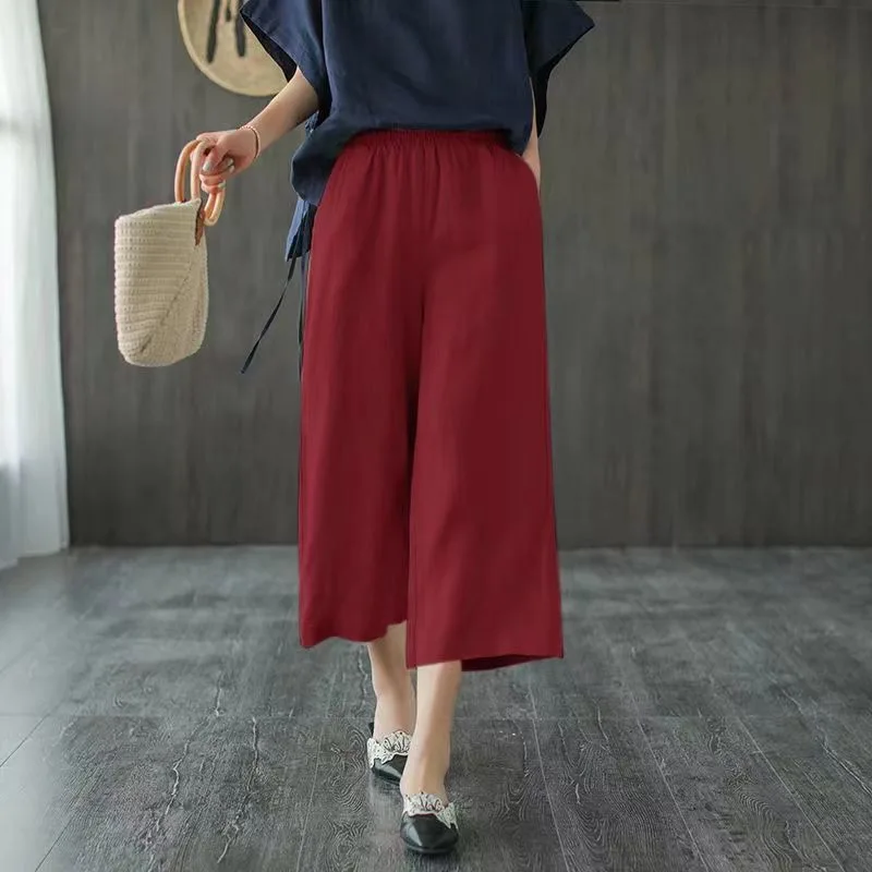 Cotton And Linen Women's Thin Loose Large Waist Elastic Wide Leg Pants 24692Wine Red - Shop at LoveMi