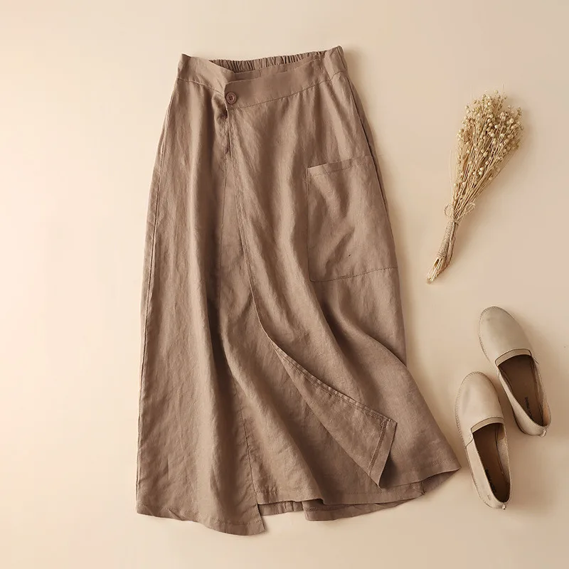 Women Elastic Waist Linen Knee length A line Skirt Khaki - Shop at LoveMi