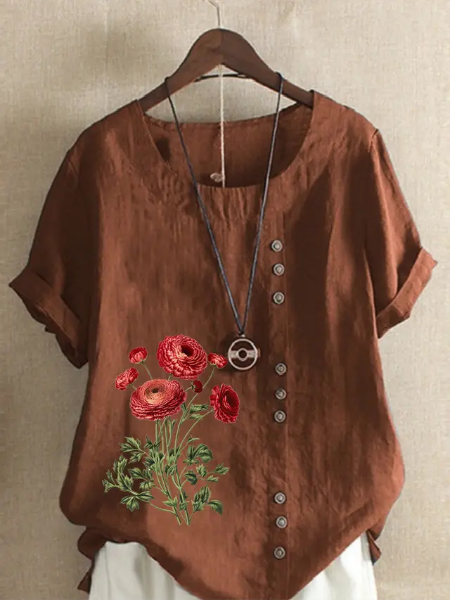 Cotton And Linen Printed Loose Short Sleeve Casual Coffee - Shop at LoveMi