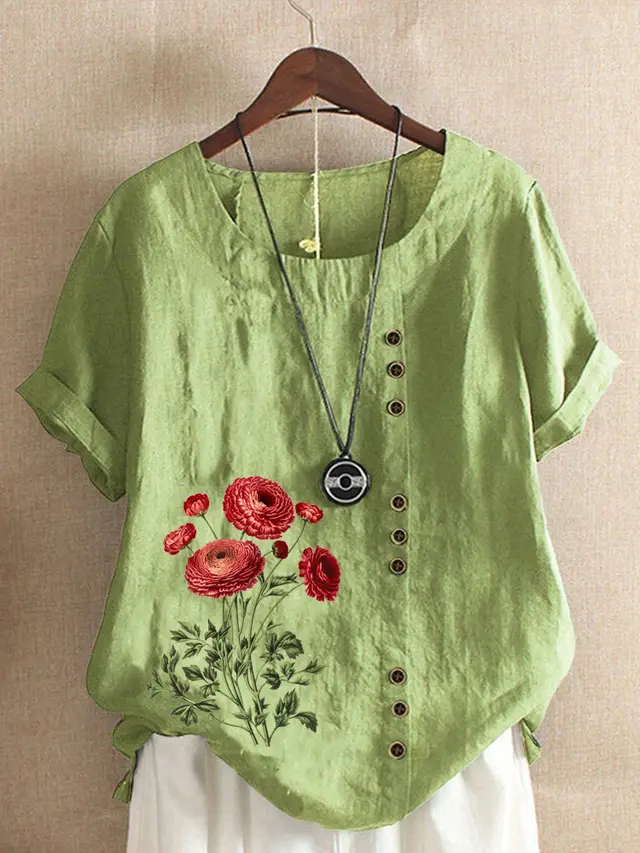 Cotton And Linen Printed Loose Short Sleeve Casual Green - Shop at LoveMi