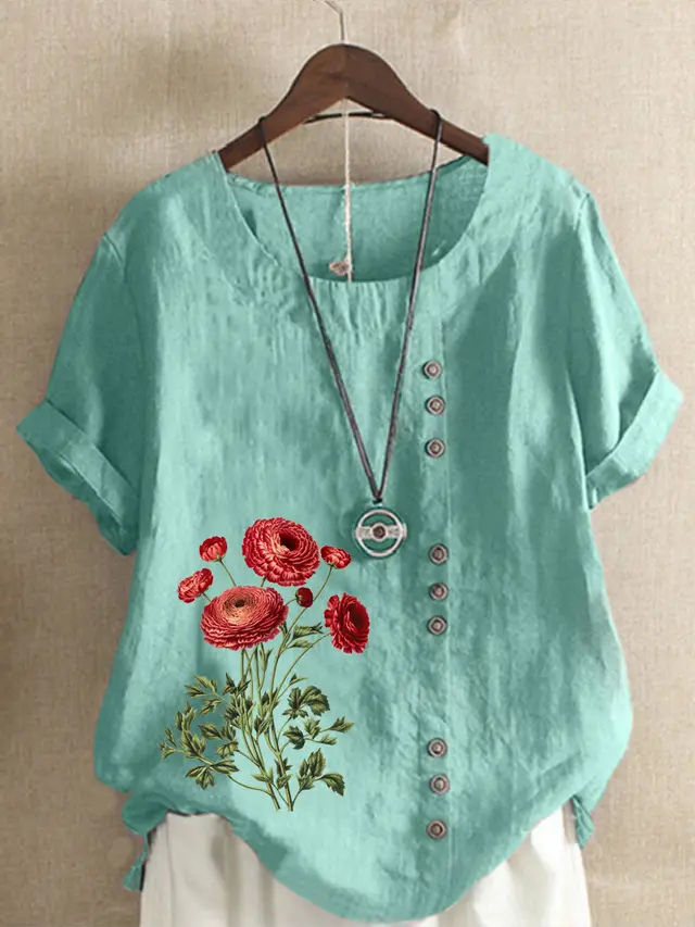 Cotton And Linen Printed Loose Short Sleeve Casual Lake Blue - Shop at LoveMi