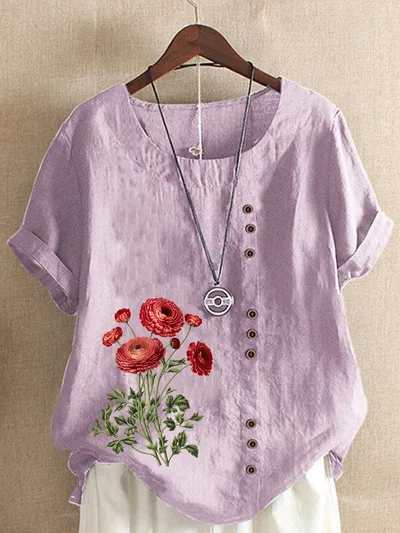 Cotton And Linen Printed Loose Short Sleeve Casual Light Purple - Shop at LoveMi