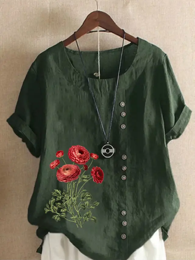 Cotton And Linen Printed Loose Short Sleeve Casual Military Green - Shop at LoveMi