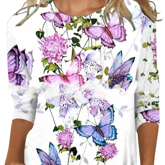 Round Neck Pullover Long Sleeve Tops Butterfly - Shop at LoveMi