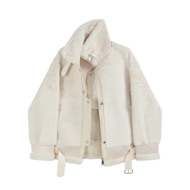 Women's White Stand Collar Motorcycle Cotton Coat White - Shop at LoveMi