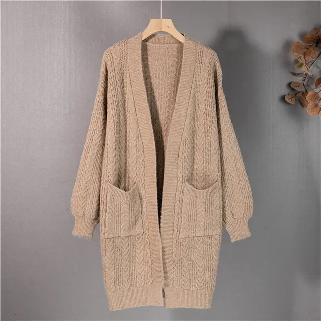New Knitted Mid Length Cardigan Coat Loose Versatile Women's Sweater Khaki - Shop at LoveMi