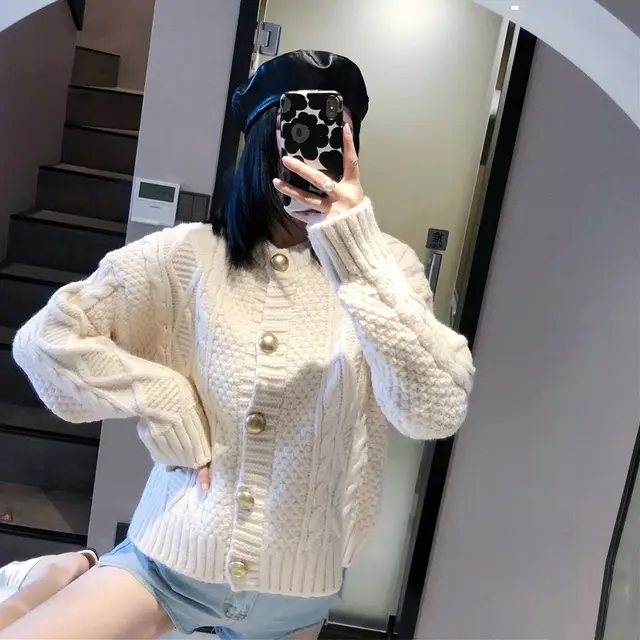 Gentle Wind Thick Thread Twist Knitting Cardigan Women Beige - Shop at LoveMi