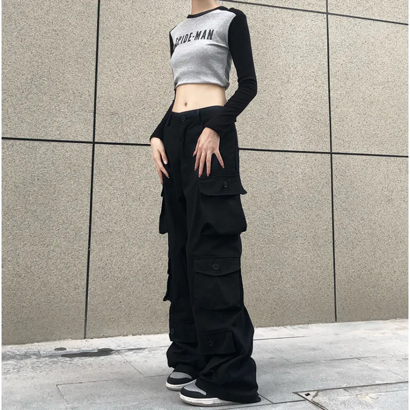 American Retro High Street Straight Tube Multi Pocket Overalls Black - Shop at LoveMi