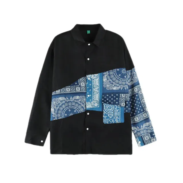 Vintage Brushed Panel Cashew Flower Long Sleeve Shirt Black - Shop at LoveMi