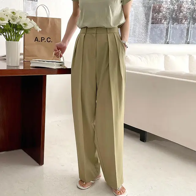 High Waist Pleated Design Loose Casual Drape Straight Wide Leg Suit Pants Green - Shop at LoveMi