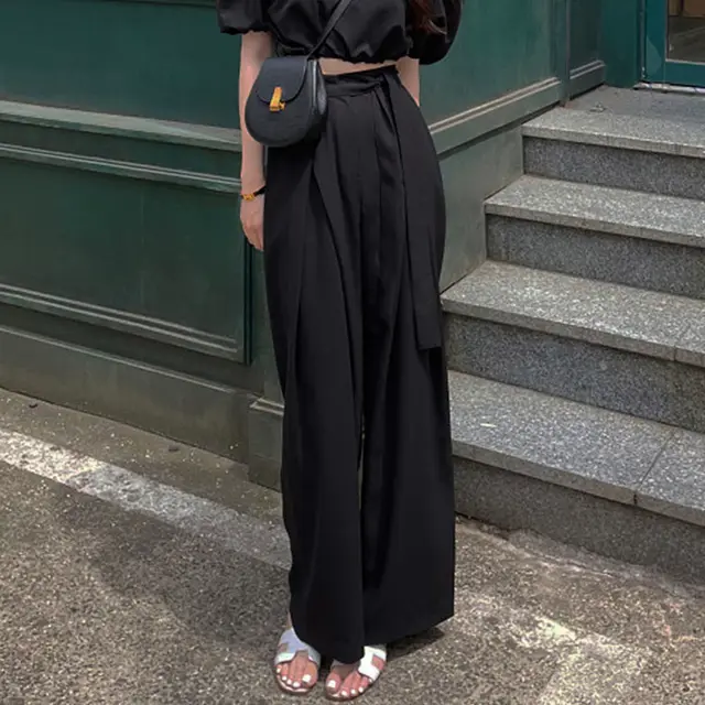 High Waist Pleated Asymmetrical Strap Design Wide Leg Draping Pants Black - Shop at LoveMi