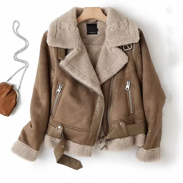 Autumn And Winter New European And American Style Suede Surface Fur Integrated Lamb Fur Warm Coat Motorcycle Clothing Women Brown - Shop at LoveMi
