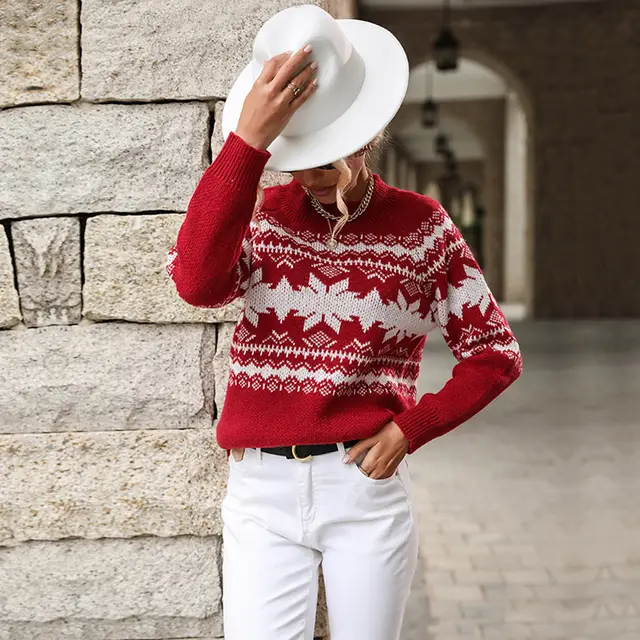 Women Knitted Christmas Snowflake Jumper Burgundy - Shop at LoveMi
